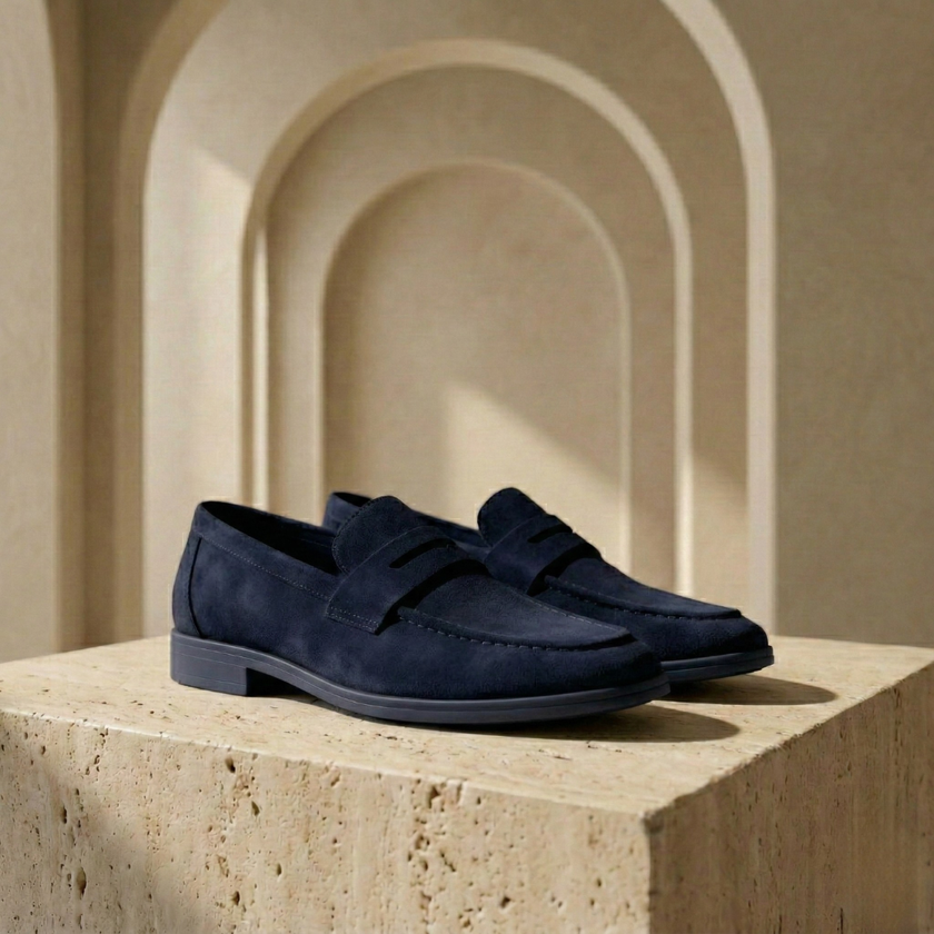 Beige men's suede slip-on loafers by FJØRNA, featuring breathable casual shoes with a comfortable slip-on design.