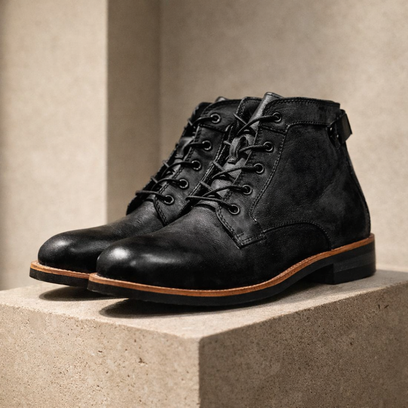 Black FJØRNA men's leather boots with stylish design, featuring a sleek ankle-high silhouette and sturdy sole.