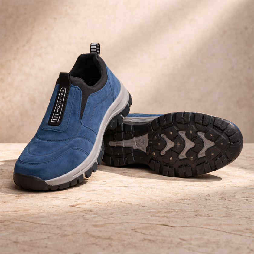 FJØRNA men's orthopedic hiking boots in blue, supportive outdoor shoes with durable soles and padded ankle support.