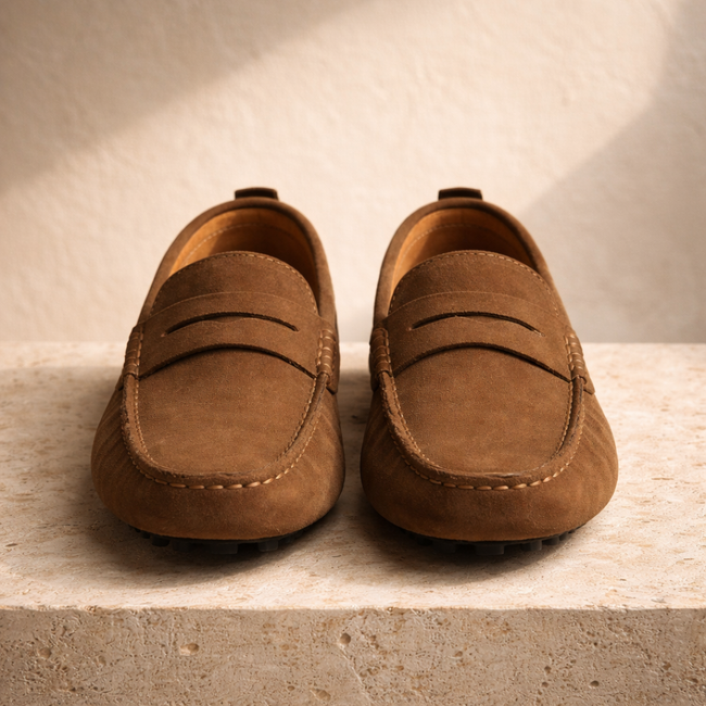 Brown FJØRNA men's loafers, casual Italian shoes with sleek design and slip-on style, suitable for everyday wear.