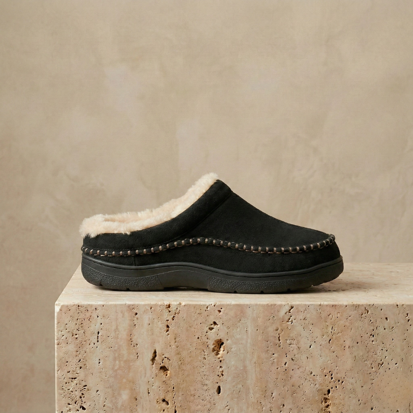 FJØRNA men's grey slip-on slippers with soft, cozy fabric and cushioned soles for comfortable indoor wear