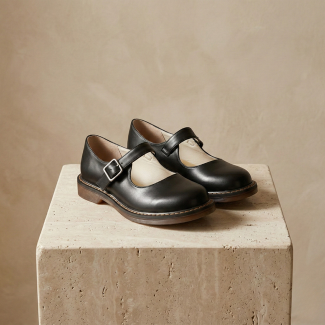 FJØRNA Nina vintage leather Mary Jane shoes for women with strap and comfortable sole, in classic brown leather.