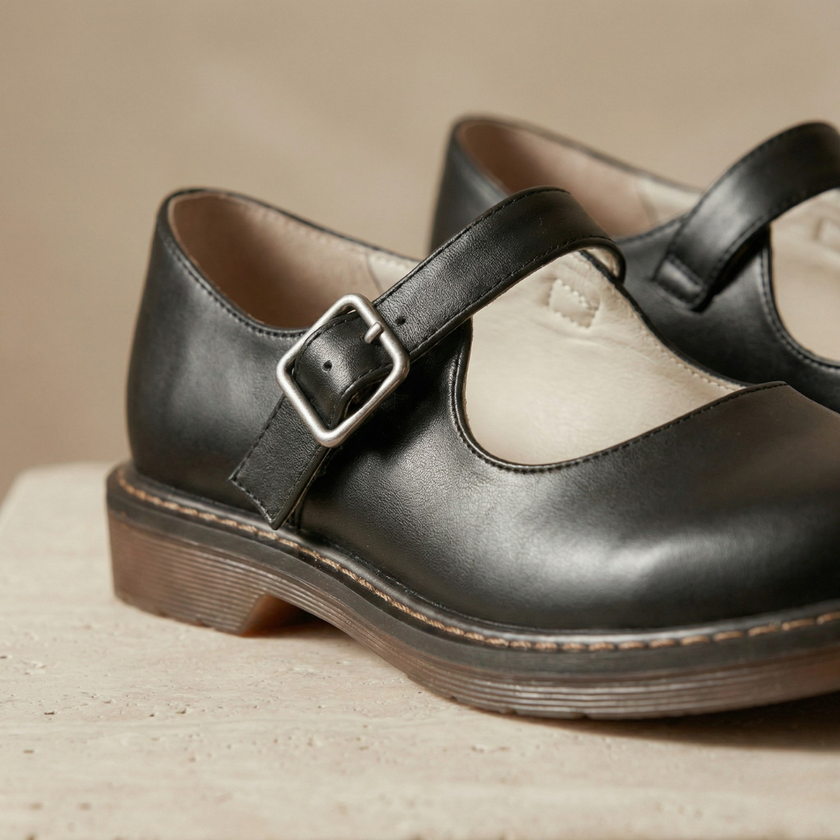 Brown Nina Vintage Leather Mary Jane shoes for women with classic strap and comfortable sole by FJØRNA