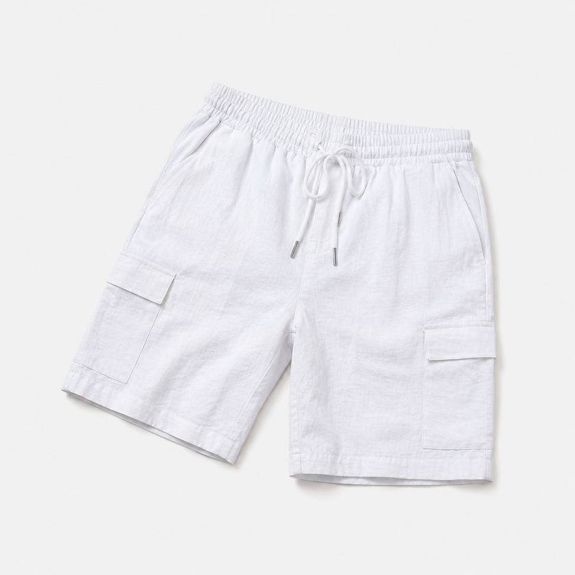 Men's linen cargo shorts with drawstring waist by FJØRNA, showing a flat lay of lightweight, casual men's shorts.