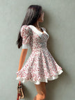 FJØRNA vintage summer A-line dress with floral doll collar, mini length, side view, perfect for casual wedding or summer wear