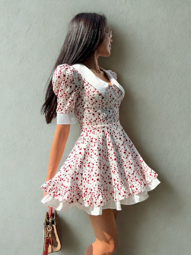 FJØRNA vintage summer A-line dress with floral doll collar, mini length, side view, perfect for casual wedding or summer wear