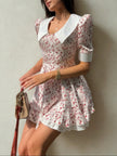 FJØRNA vintage summer A-line dress with floral print, puff sleeves, doll collar, perfect for casual weddings.