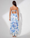 White Ruffle Hem Midi Dress by FJØRNA with floral print, spaghetti straps, ruffle details, and a slit at the back.