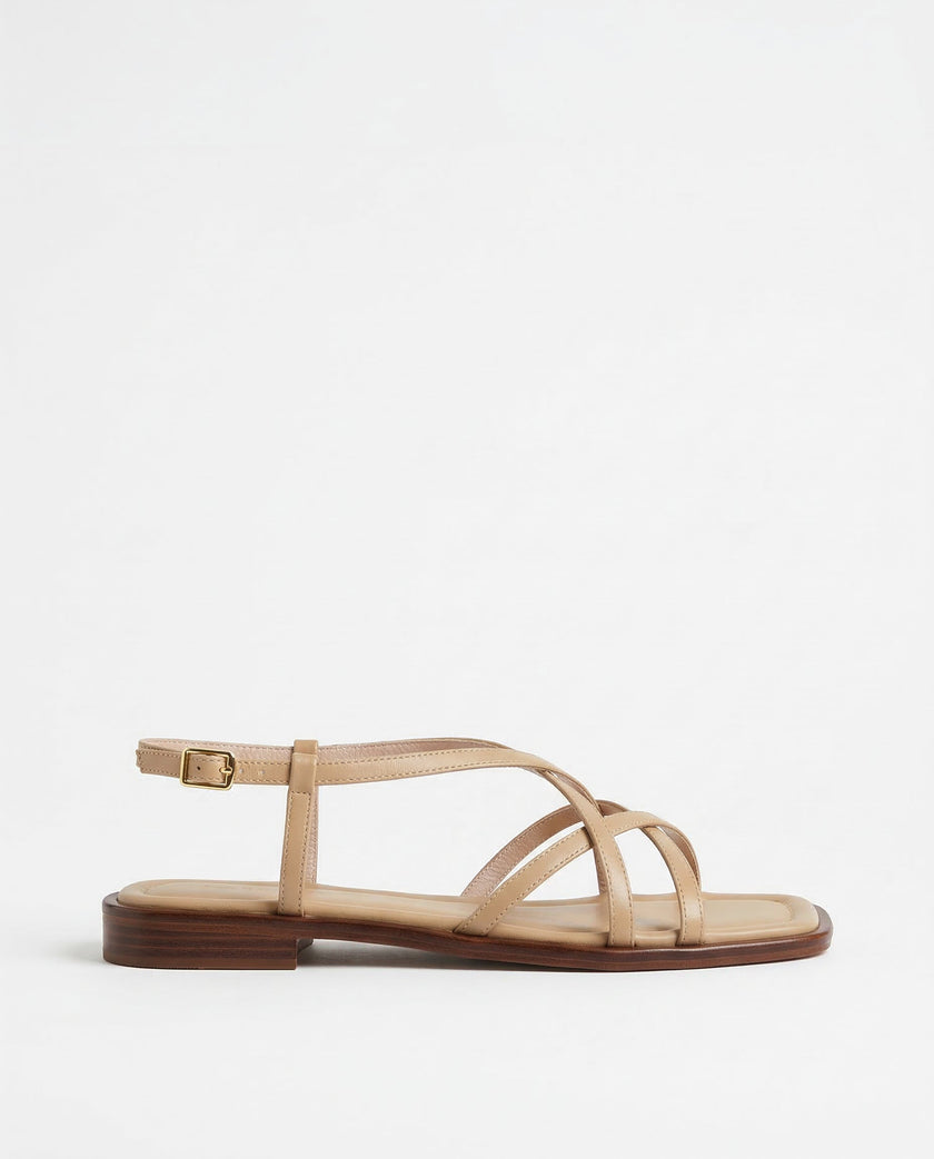 FJØRNA women's brown Italian leather cushioned sandals displayed on a white studio background.