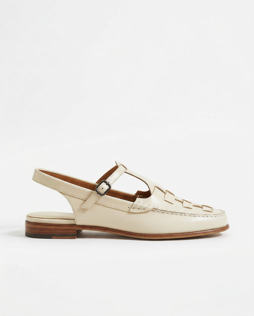 FJØRNA women's Italian leather slingback sandals with woven design, ideal for summer, shown on white studio background.