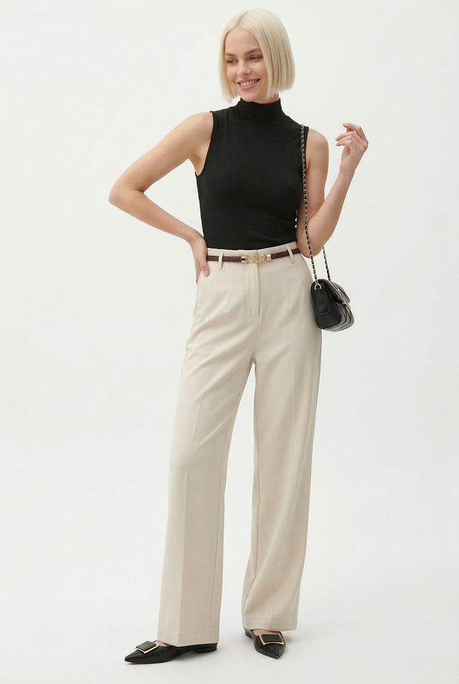 FJØRNA women's wide leg wool trousers with high waist, stylish and comfortable pants for a modern, elegant look.