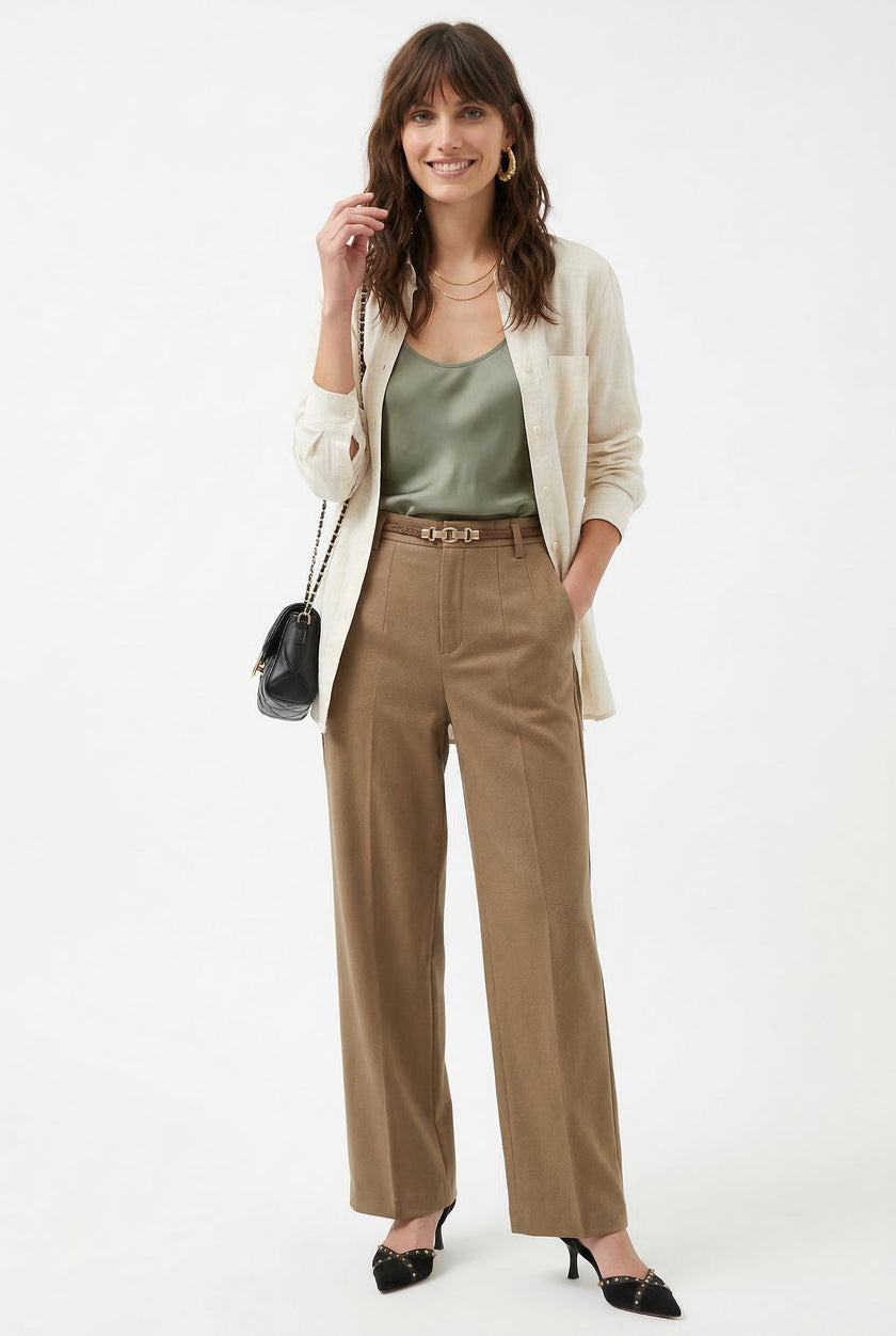 FJØRNA women's wool wide-leg high-waist trousers displayed on a model, showcasing a stylish and comfortable pants fit.