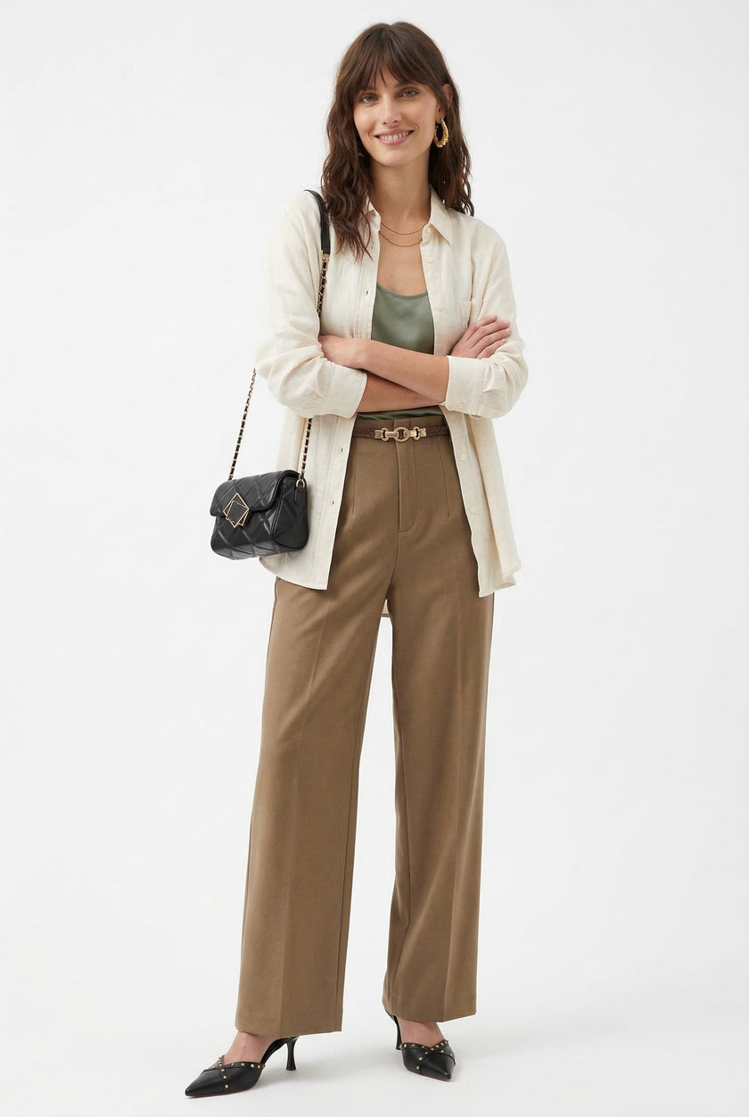 FJØRNA women's wide-leg wool trousers with high waist, stylish and comfortable pants for a chic, modern look.