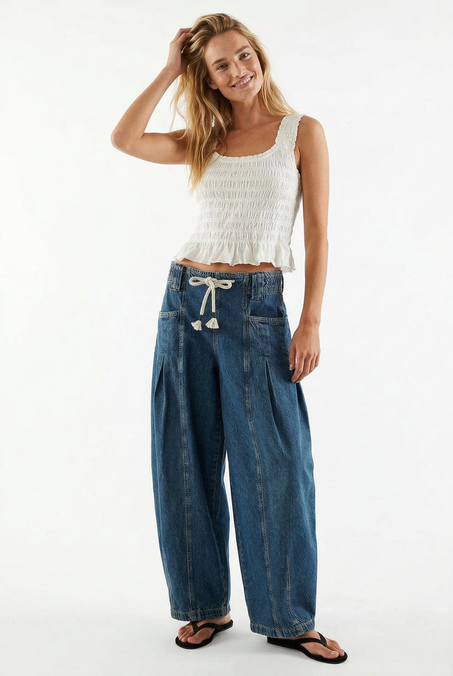 Cotton Jeans Women Wide Leg Drawstring