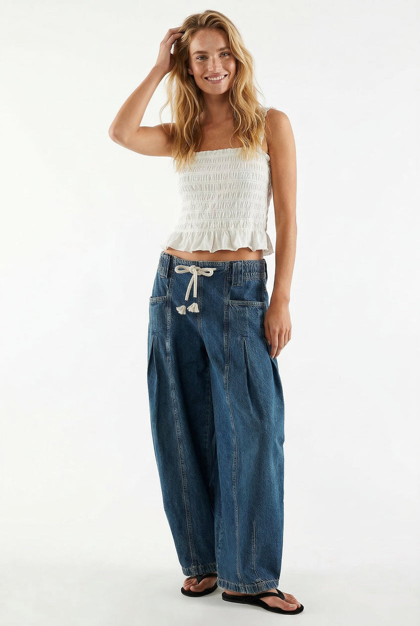 Cotton Jeans Women Wide Leg Drawstring