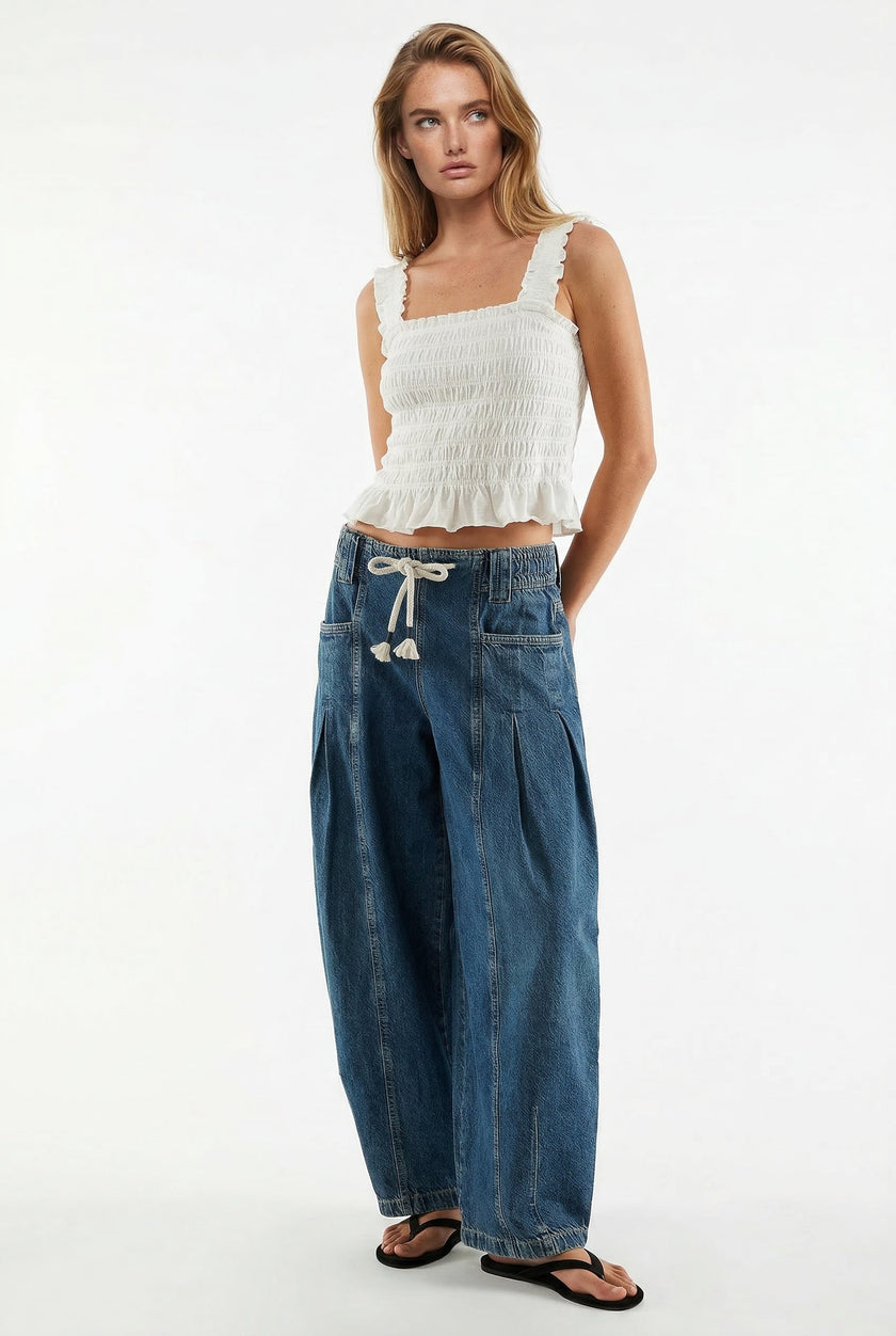 Cotton Jeans Women Wide Leg Drawstring