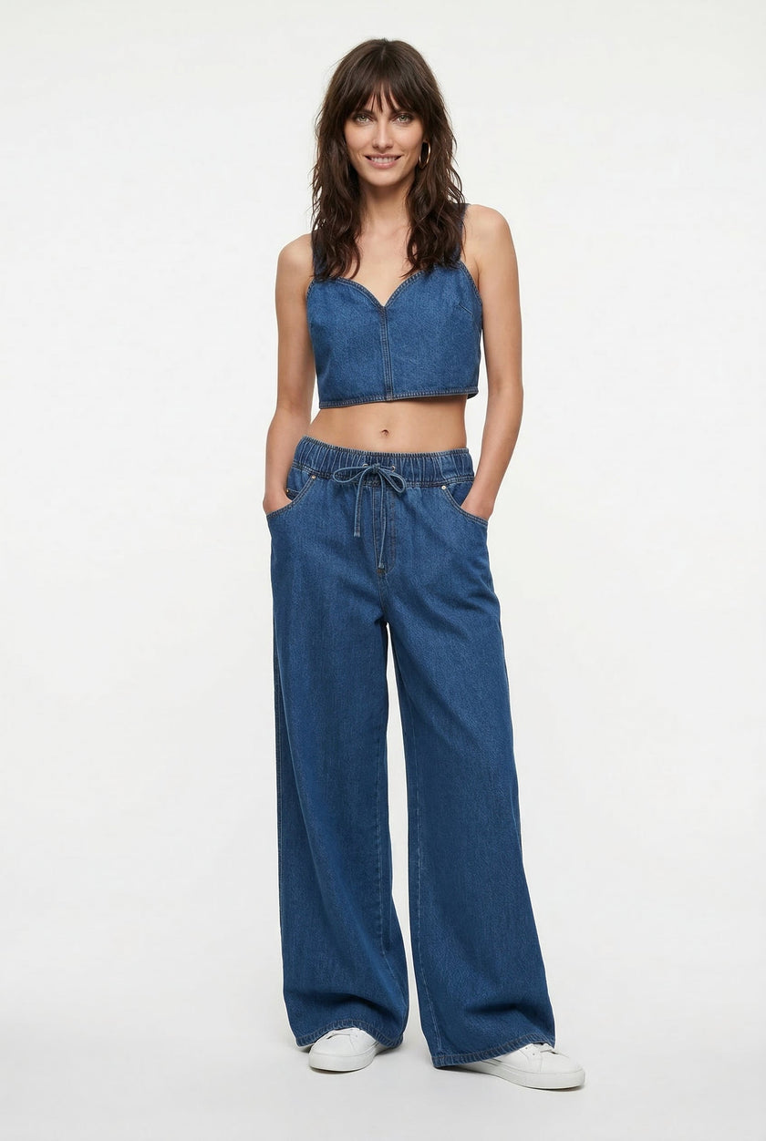 Denim Jeans Women Wide Leg Drawstring