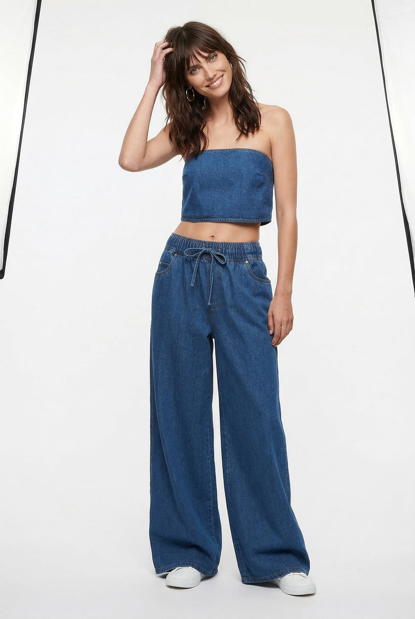 Denim Jeans Women Wide Leg Drawstring