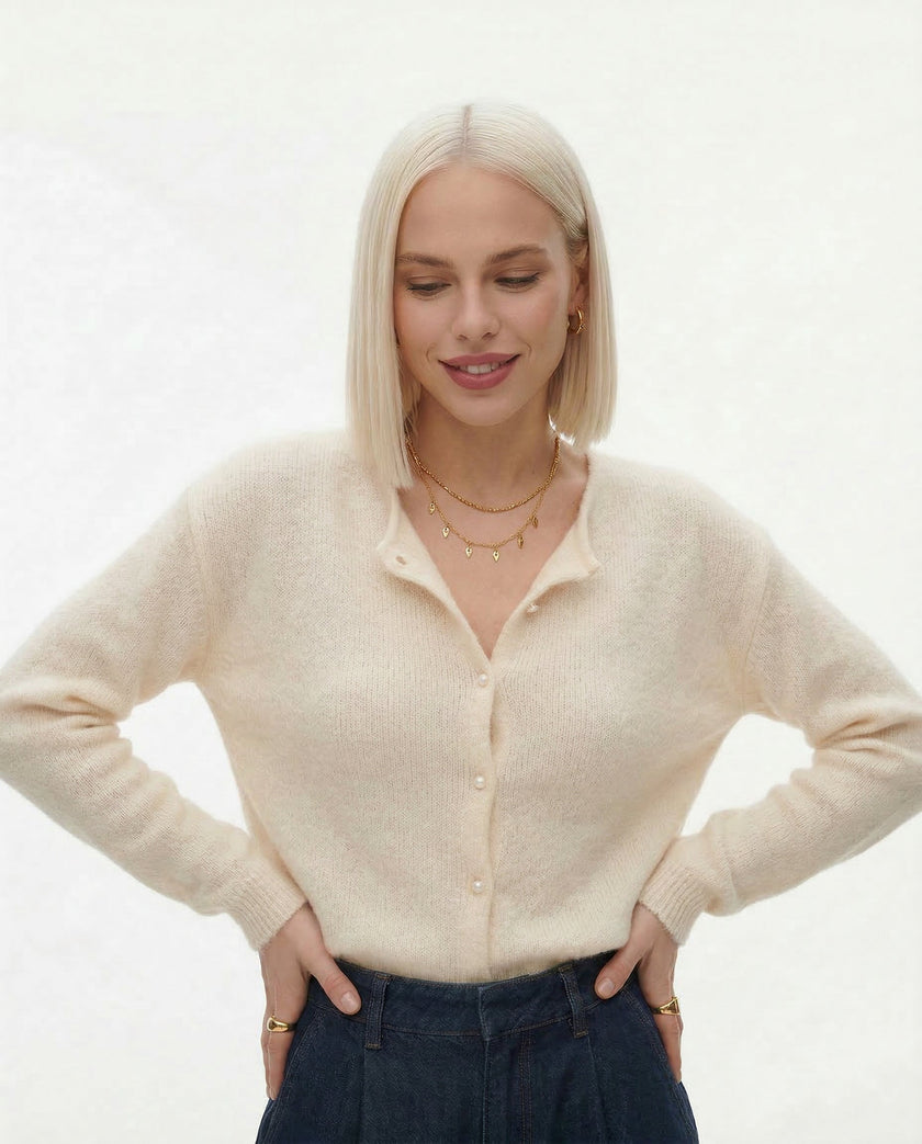 FJØRNA women's long sleeve mohair cardigan, soft and cozy knit top, displayed on a model with a relaxed fit.