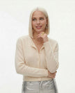 FJØRNA women's long sleeve mohair cardigan, soft and cozy top, shown on a model with a relaxed fit and open front.