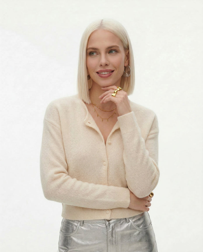 FJØRNA women's long sleeve mohair cardigan, soft and cozy top, shown on a model with a relaxed fit and open front.