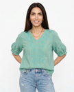 FJØRNA women's cotton V-neck blouse, soft white top with relaxed fit and short sleeves, ideal for casual or office wear