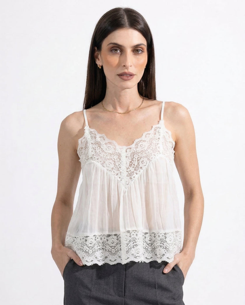 FJØRNA women's lace camisole top with trim, featuring delicate lace details and a fitted style, shown on a neutral background.