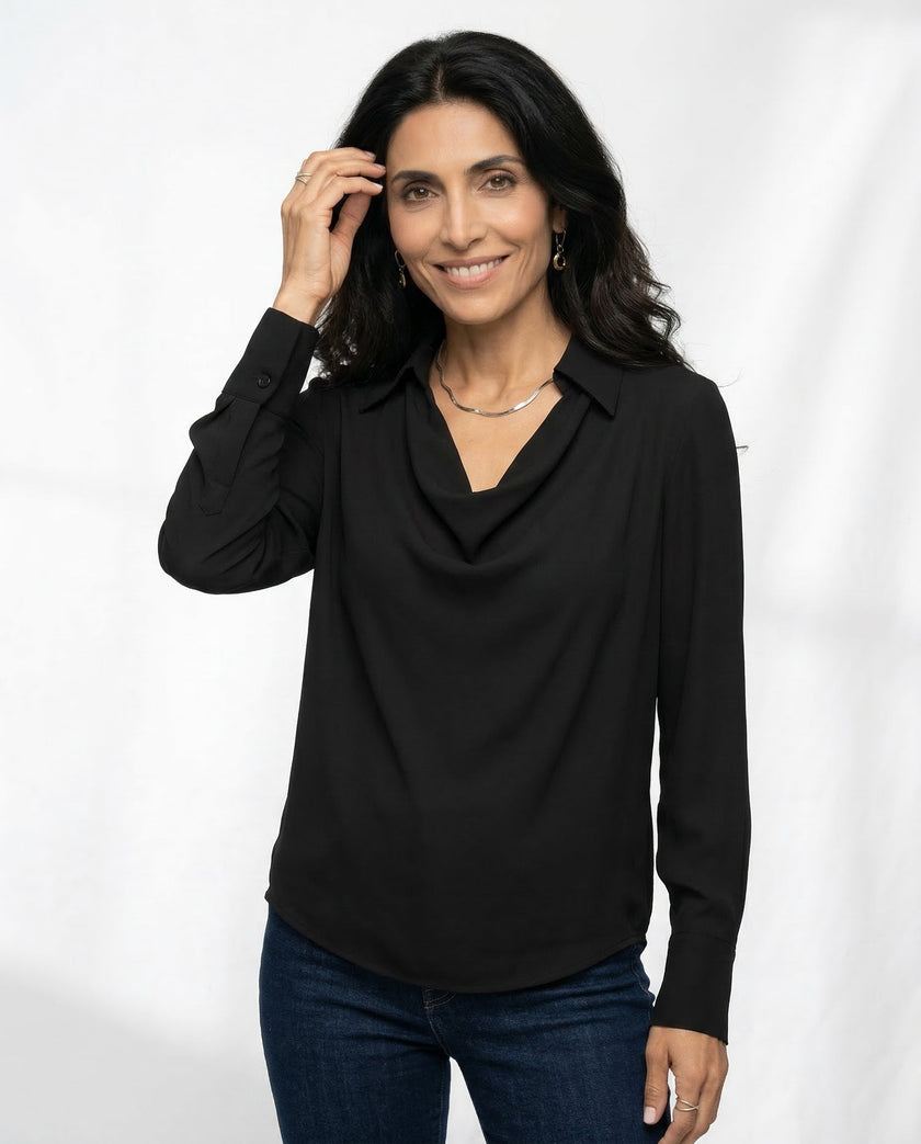 FJØRNA long sleeve satin women's shirt, stylish and elegant, shown on a hanger with a smooth, shiny fabric and classic collar.