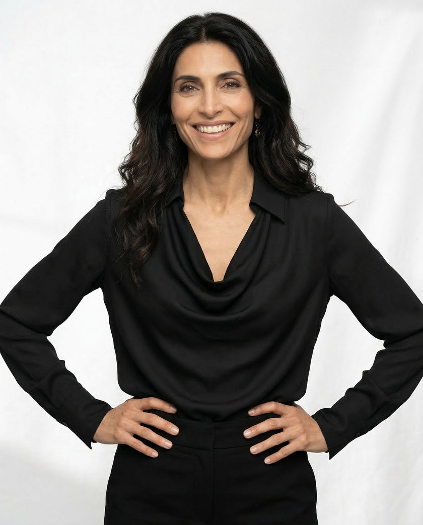 FJØRNA women’s satin long sleeve shirt, elegant tops with a smooth, shiny fabric and classic collar design.