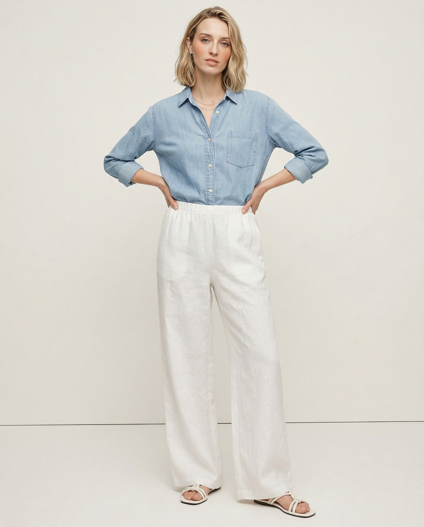 FJØRNA women's knit top featuring a soft, textured fabric, displayed on a model with stylish new pants for a casual, chic look.