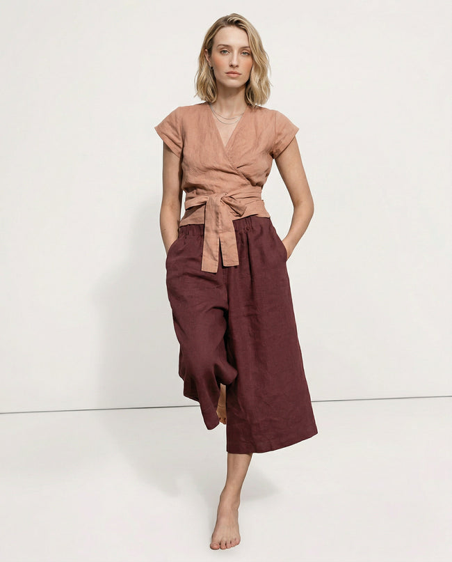 Linen Wide Leg Trousers Women Drawstring Pull-On