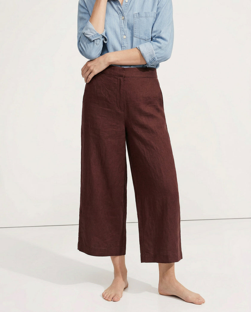 Linen Wide Leg Trousers Women Drawstring Pull-On