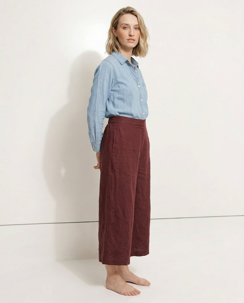 Linen Wide Leg Trousers Women Drawstring Pull-On