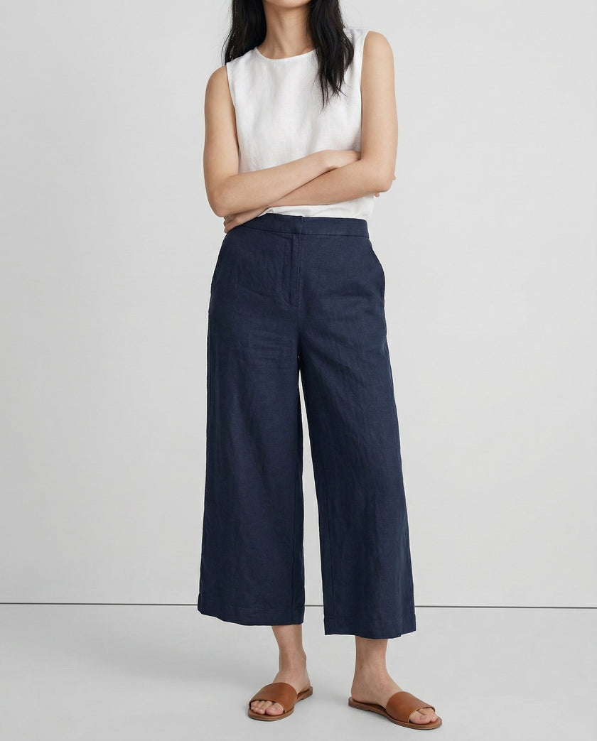 Linen Wide Leg Trousers Women Drawstring Pull-On