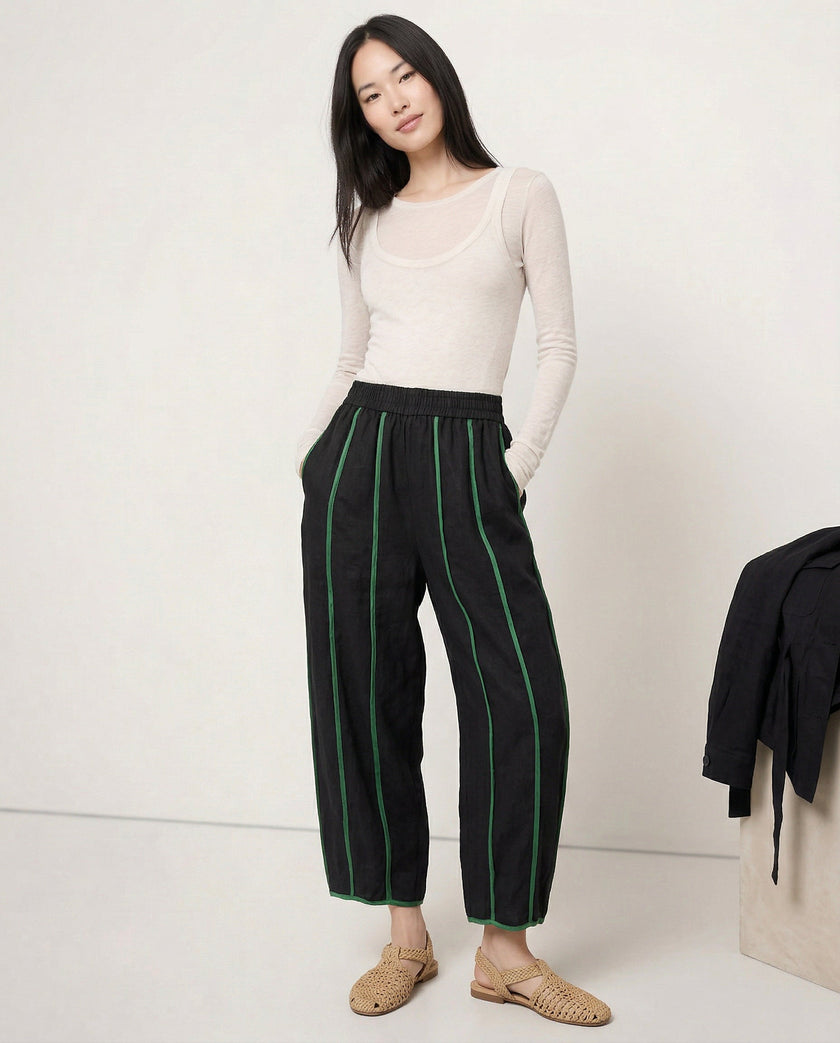 FJØRNA linen wide-leg women’s trousers with elastic waist, showing high-quality linen fabric and relaxed fit.