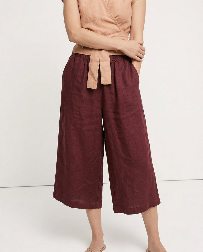 Linen Wide Leg Trousers Women Drawstring Pull-On