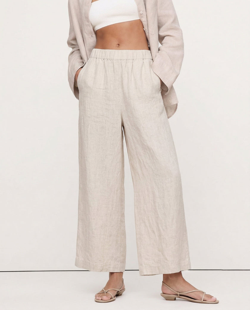 Linen Wide Leg Trousers Women Drawstring Pull-On