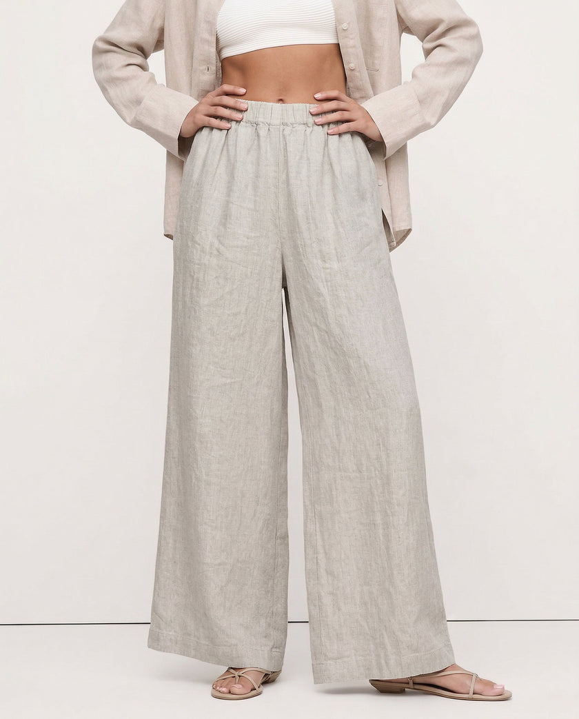 Linen Wide Leg Trousers Women Drawstring Pull-On
