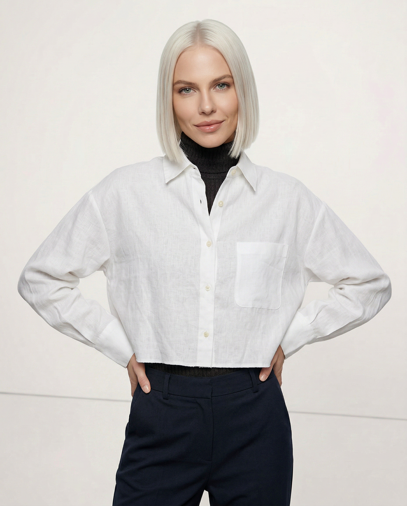 FJØRNA linen crop top for women with pleated long sleeves, lightweight and stylish for casual or summer wear.