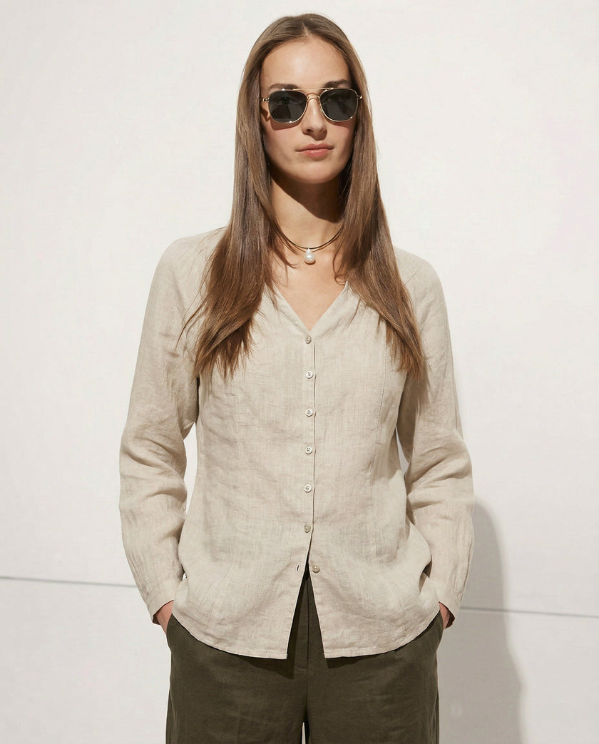 Linen Blouse Women V-Neck