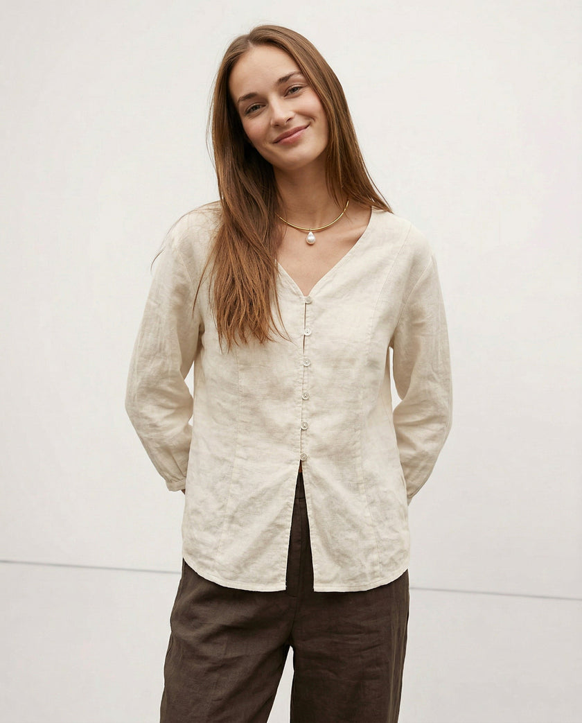 Linen Blouse Women V-Neck
