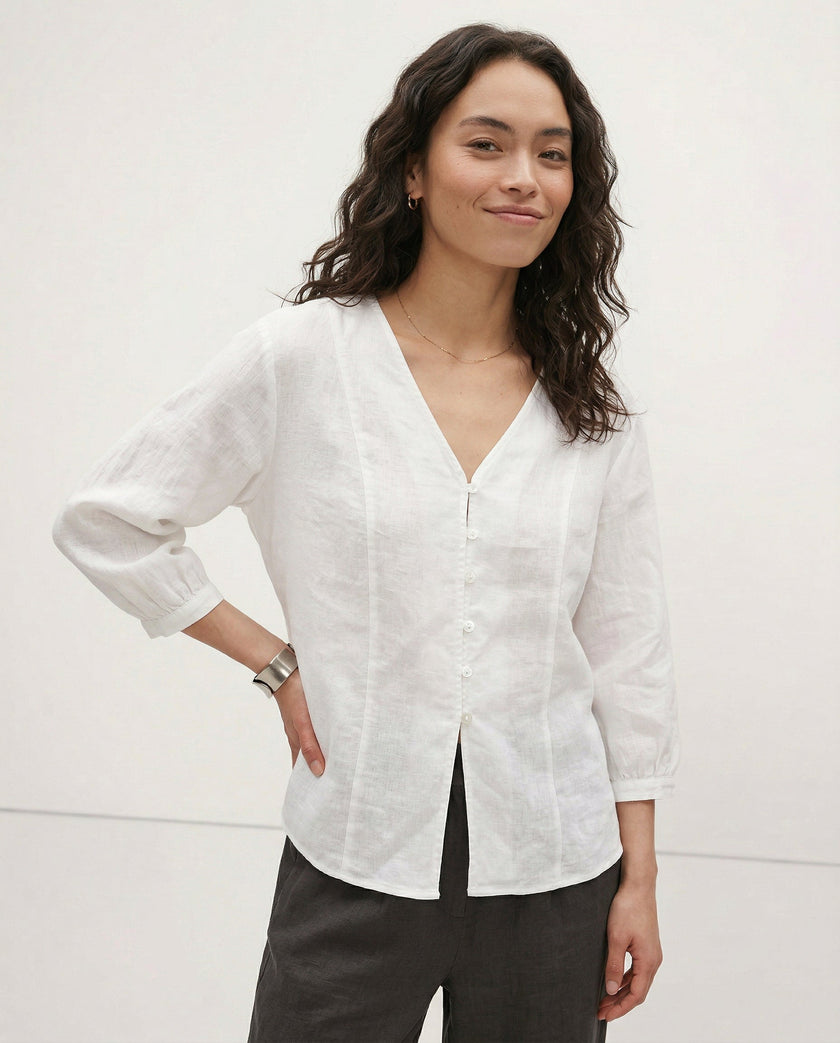 Linen Blouse Women V-Neck