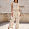 FJØRNA women's elegant two-piece geometric drawstring co-ord set, front view showing stylish matching top and pants.