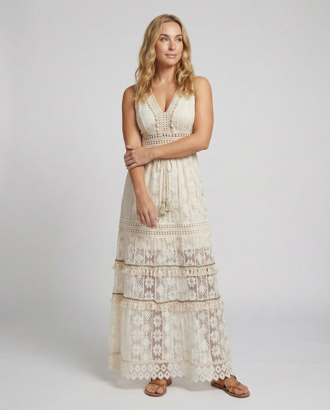 FJØRNA women's elegant floral maxi dress with V-neck and sleeveless design, full-body front view, perfect for summer occasions.