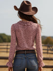 Pink leopard print chiffon blouse with ruffled lace V-neck from FJØRNA, featuring a stylish and feminine design.
