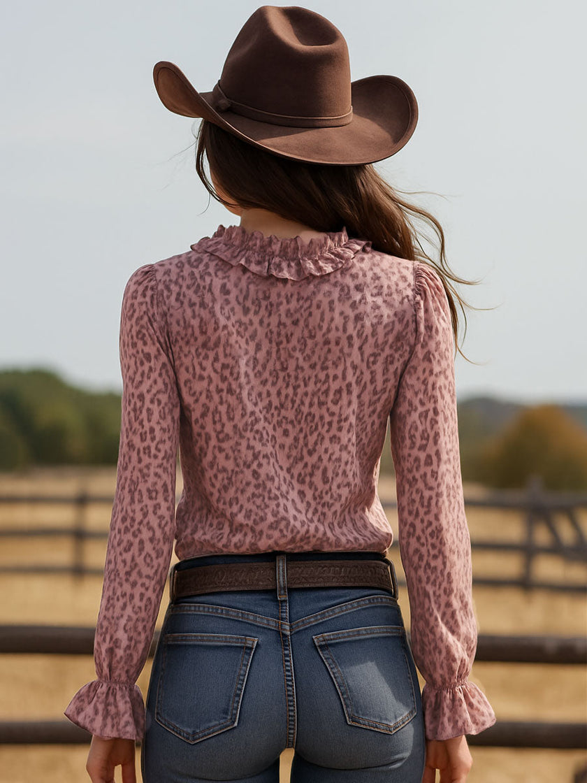 Pink leopard print chiffon blouse with ruffled lace V-neck from FJØRNA, featuring a stylish and feminine design.
