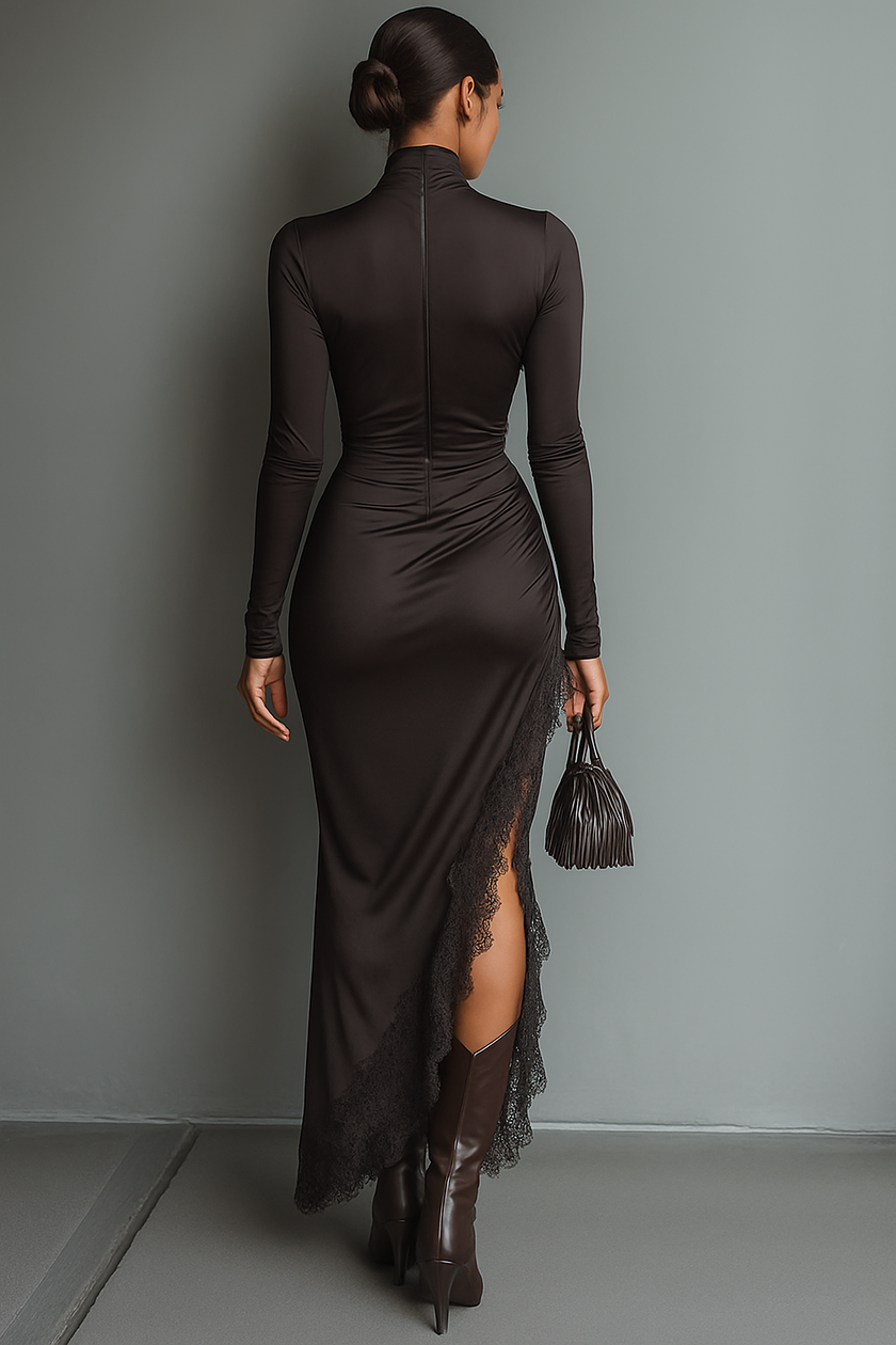 Women's dark brown satin maxi dress with irregular hem and lace details from FJØRNA, elegant and slim-fitting for formal occasions.