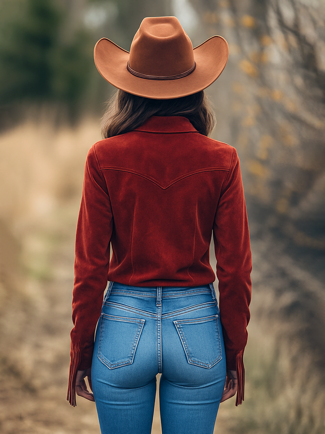 Red suede Western tassel long sleeve shirt by FJØRNA featuring Western-style details and tassel accents.