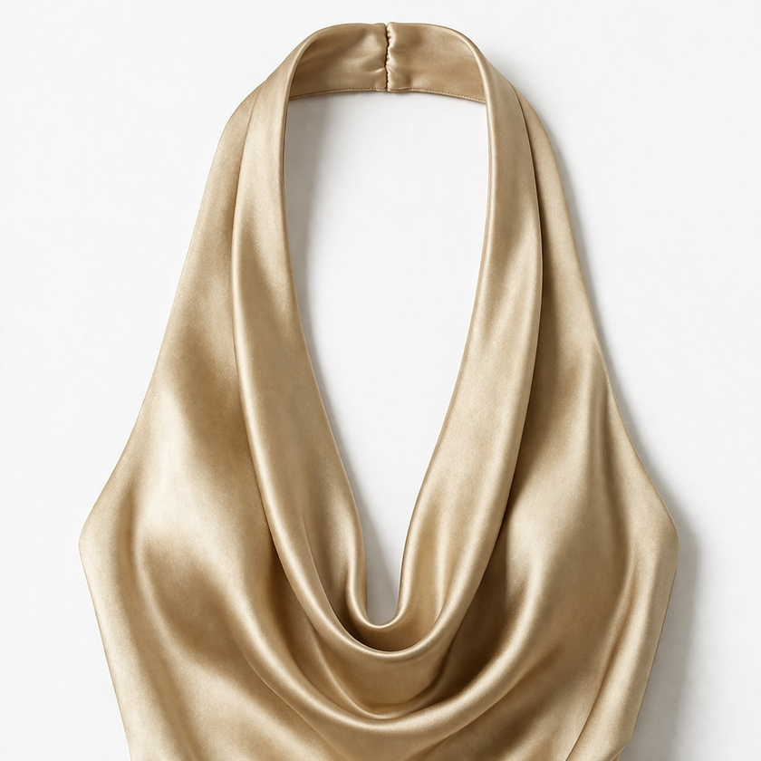 Gold women's halter neck satin maxi dress by FJØRNA, flowing elegant design, perfect for formal occasions and evening wear.