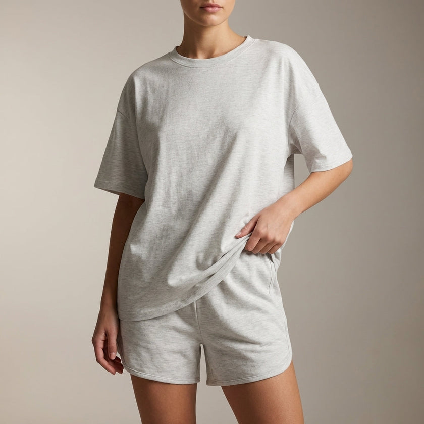 Gray FJØRNA women's summer two-piece co-ord set with drawstring details, featuring a stylish and comfortable matching top and pants.